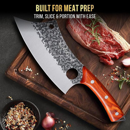 SliceElite Hand-Forged Professional Butcher Knife (3 PC BBQ KNIFE SET W/LANIARD HOLES)