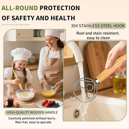 Hand Whisk Stainless Steel Dough Hook Dutch Whisk for Sourdough Bread Dough Mixer Hand Wooden Handle Kitchen Whisking Mixing Tool Bread Making Tools (Love heart shape)