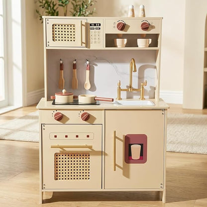Wooden Kitchen Playsets for Kids, Pretend Play Kitchen with Realistic Clicking Sounds, Gold Faucet, Coffee Maker & Cooking Accessories, Set for Toddlers Boys Girls Age 3+