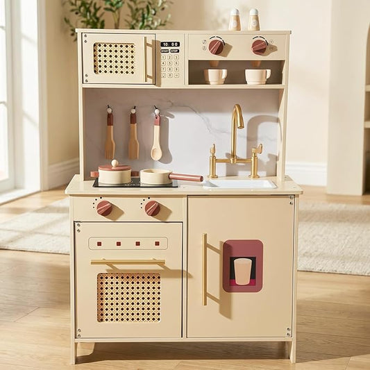 Wooden Kitchen Playsets for Kids, Pretend Play Kitchen with Realistic Clicking Sounds, Gold Faucet, Coffee Maker & Cooking Accessories, Set for Toddlers Boys Girls Age 3+