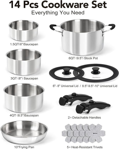 Michelangelo 14pcs Tri-Ply Stainless Steel Cookware Set with Detachable Handles, Stackable Pots and Pans Set for RVs, Small Kitchens & Apartments, Induction Compatible, Oven Safe, No Coating & No PFAS
