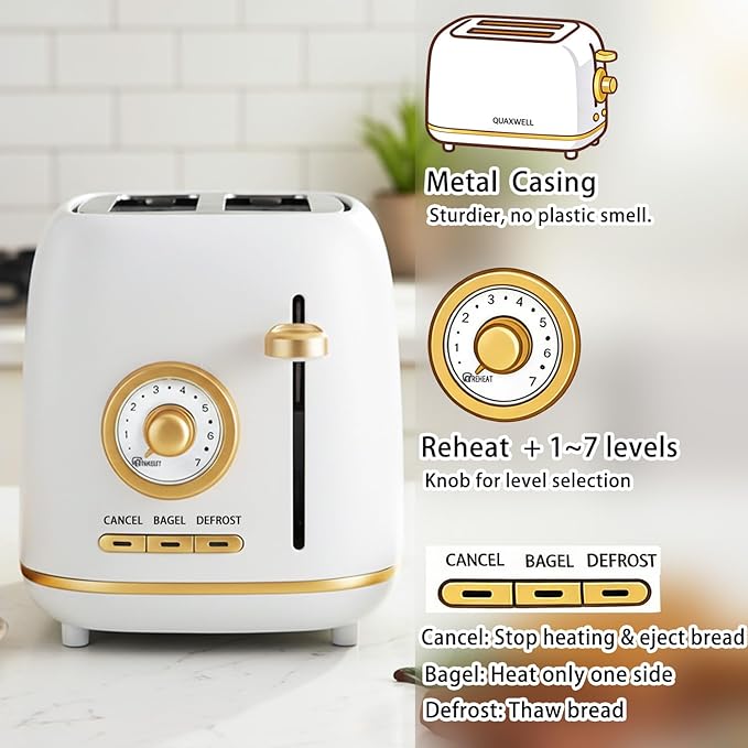 2-Slice Toaster, Wide Slots, 7 Bread Shade Settings, Stainless Steel, Bagel, Cancel, and Defrost Functions, Removable Crumb Tray, Retro Style Toaster,Matte White and Gold