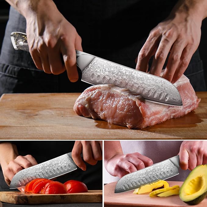 KEENZO Santoku knife 7 inch, Sharp Chef Knife, Professional kitchen knives,Japanese Hand Forged 67 Layers Hammered Damascus Steel Cooking Knife,Gold Foil Resin Handle with gift box