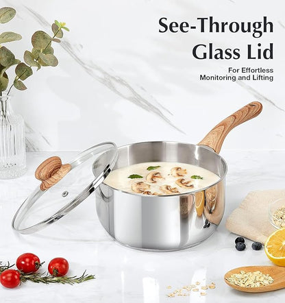 KOCH SYSTEME CS Stainless Steel Saucepan with Steamer Insert, Premium 18/10 Stainless Steel Pot 3 Quart with Cool-Touch Handle, 3 Quart Sauce Pan with Lid, Induction Compatible, Dishwasher Safe