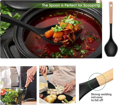 LorisArm Large Cooking Spoons. 12.5" Heat Resistant Silicone Serving Spoon, Nonstick Kitchen Utensils Wooden Handle Rubber Spoon for Mixing, Stiring,Baking,Scooping and Scraping.