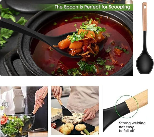 LorisArm Large Cooking Spoons. 12.5" Heat Resistant Silicone Serving Spoon, Nonstick Kitchen Utensils Wooden Handle Rubber Spoon for Mixing, Stiring,Baking,Scooping and Scraping.