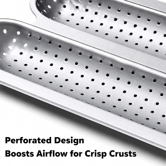 Metal Sub Roll & Hoagie Roll Baking Pan 12 inch, 3-Slot Perforated French Bread & Mini Baguette Pan, Nonstick Carbon Steel Bread Baking Tray for Homemade Subs & Sandwich Rolls