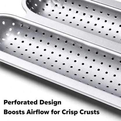 Metal Sub Roll & Hoagie Roll Baking Pan 12 inch, 3-Slot Perforated French Bread & Mini Baguette Pan, Nonstick Carbon Steel Bread Baking Tray for Homemade Subs & Sandwich Rolls