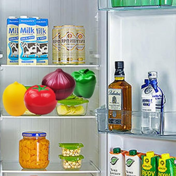 4 PCS Fruit and Vegetable Shaped Food Saver Storage Containers Holder Refrigerator Vegetable Crisper(Onion, tomato, lemon, green pepper)