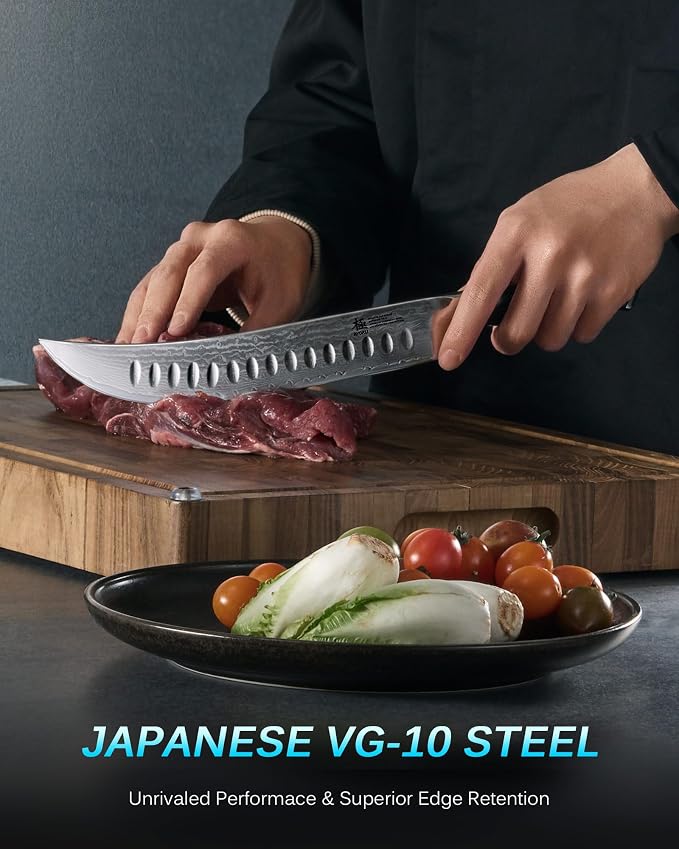 KYOKU 10" Damascus Carving Knife for Meat Cutting,UPGRADED Cimitar Breaking Knife with Silver PVD Coating for Professional Home Chefs,Sharp Japanese Style VG10 Stainless Steel Meat Butcher Knife