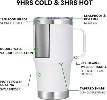 20 oz Stainless Steel Tumbler with Handle Bulk Metal Insulated Tumblers Travel Coffee Mug with Handle Double Wall Tumbler Cup with Lid and Straw, White 12 Pack