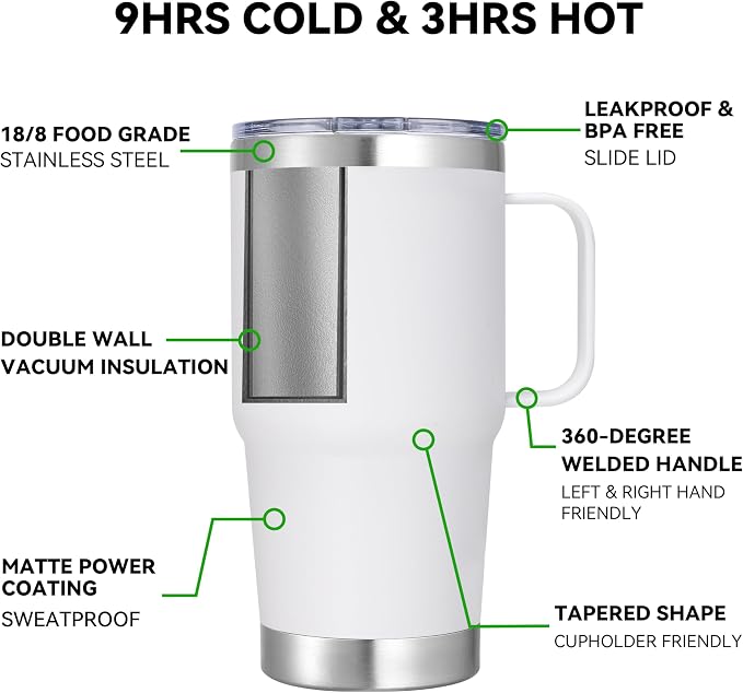 20 oz Stainless Steel Tumbler with Handle Metal Insulated Coffee Travel Mug with Handle Double Wall Tumbler Cup with Lid and Straw, White 1 Pack