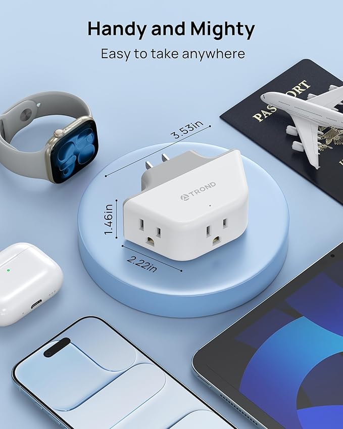 TROND Outlet Extender with 360 Rotating Plug, Outlet Adapter with 3 Grounded Sockets, 3 Way Angled Multi Plug Expander, Cruise Essentials, Easy to Pack for Travel Bathroom Kitchen, White