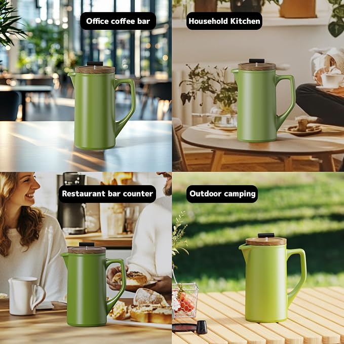 Ceramic French Press Coffee Maker, 22oz Single Serve Coffee Press with Walnut Wood Lid, Lead-Free, Food Grade Stainless Steel Filter with Dual Screen for Coffee and Loose Tea, Green