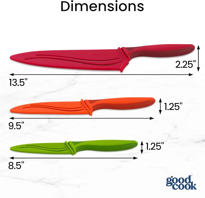 GoodCook Knife Set High Carbon Stainless Steel Kitchen Knives with Nonstick Finish Slip Resistant Grips and Protective Sheaths, Set Includes Paring Utility and Chef's Knives, 3-Piece Set, Multicolor