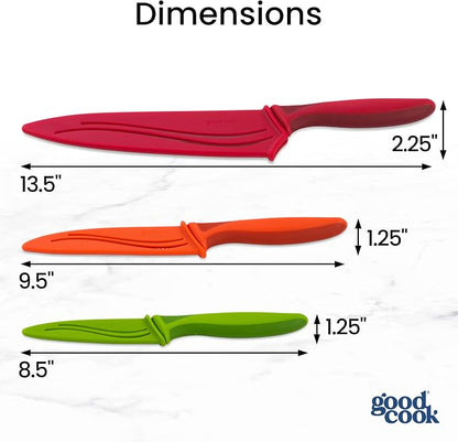 GoodCook Knife Set High Carbon Stainless Steel Kitchen Knives with Nonstick Finish Slip Resistant Grips and Protective Sheaths, Set Includes Paring Utility and Chef's Knives, 3-Piece Set, Multicolor