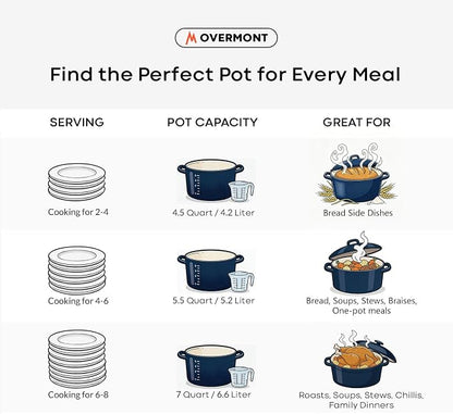 Overmont Enameled Cast Iron Dutch Oven - 5.5QT Pot with Lid Cookbook & Cotton Potholders - Heavy-Duty Cookware for Braising, Stews, Roasting, Bread Baking Midnight Sapphire