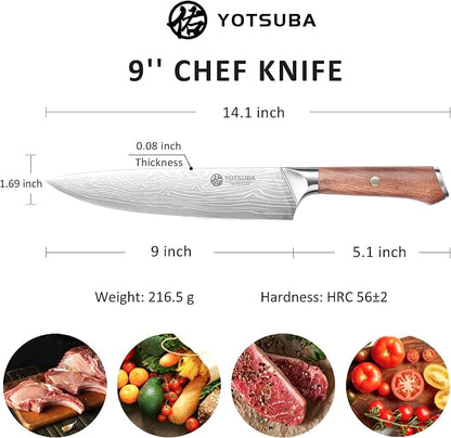YOTSUBA 9 Inch Japanese Chef Knife, Razor Sharp Professional Kitchen Knife, High Carbon Stainless Steel with Ergonomic Wood Handle, Premium Gift Box for Home Cooking and Gifting