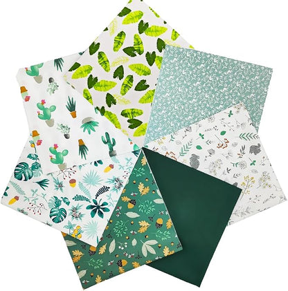 7 pcs/lot Fabric Bundles Top Cotton 19.69" x 19.69" (50cm x 50cm) Quilt, Pre-Cut Squares Sheets for Patchwork Sewing Quilting Crafting, Green Floral.