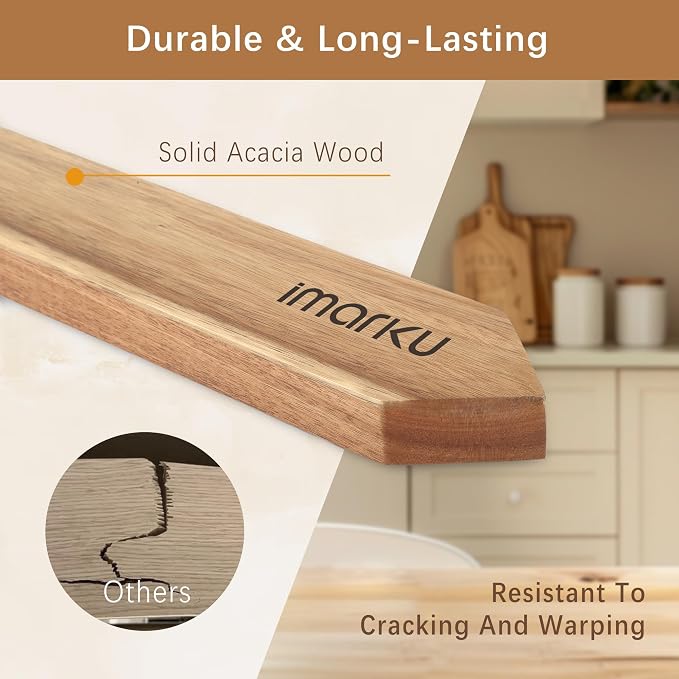 imarku 16 Inch Magnetic Knife Strip, Acacia Wood Knife Holder for Wall, Heavy Duty Magnet for Quick Access & Secure Grip, Space Saving Kitchen Utensil Rack with 4 Hooks