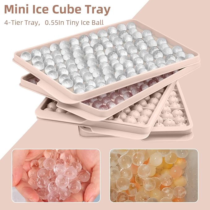 WIBIMEN Mini Ice Cube Trays, 0.55” Tiny Pebble Ice for Iced Coffee & Cocktails, Fast Chill, Easy Twist Release, Stackable with Lid & Storage Bin (4 Pack, Pink)