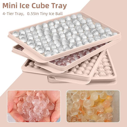 WIBIMEN Mini Ice Cube Trays, 0.55” Tiny Pebble Ice for Iced Coffee & Cocktails, Fast Chill, Easy Twist Release, Stackable with Lid & Storage Bin (4 Pack, Pink)