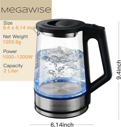 MEGAWISE 2L Electric Kettle, 1000W, BPA-Free Large Water Jug with Handle & Time Markers, Motivational Leak-Proof Bottle for Office, Home, Gym - Ensure Daily Hydration