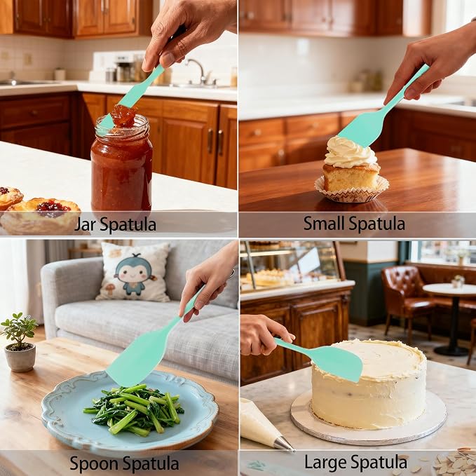 Silicone Spatula Set, Food Grade Rubber Spatula, 4 Pcs Heat Resistant Silicone Spatulas, One Piece Design Non-Stick Kitchen Utensils for Cooking, Stirring, Baking & Mixing, Dishwasher Safe (Green)