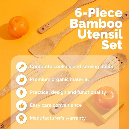 Wooden Spoons for Cooking 6 Piece - Wooden Cooking Utensil Set Nonstick Bamboo Cooking Spoons & Spatula Premium Kitchen Utensils Set Christmas Housewarming Gifts