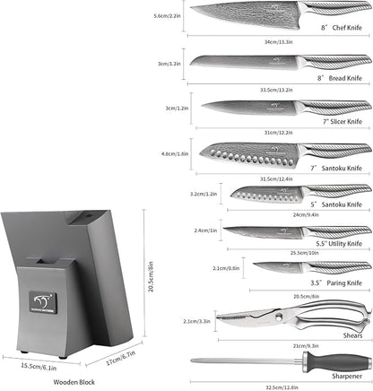 NANFANG BROTHERS® 10 Pieces Damascus Kitchen Knife Set, High Carbon Stainless Steel Damascus Steel Chef Knife Set, Stainless Steel Ergonomic Handle for Chef, with Built-in Sharpening Rod NF