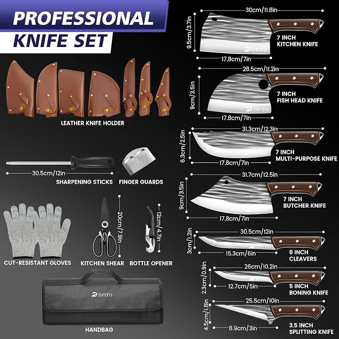 Dfito Butcher Knife Set with Roll Bag, 14 in 1 Professional Chef Knife Set, Hand Forged Bone Chopping Knives & Meat Cleaver Knife & Fillet Knives for Home & Camping & BBQ, Gifts for Men Women