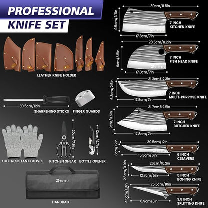 Dfito Butcher Knife Set with Roll Bag, 14 in 1 Professional Chef Knife Set, Hand Forged Bone Chopping Knives & Meat Cleaver Knife & Fillet Knives for Home & Camping & BBQ, Gifts for Men Women