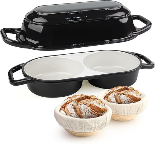 YONILL Mini Double Dutch Oven for Sourdough Bread Baking - Enameled Cast Iron Dutch Oven Pot with Lid and 5" Banneton Bread Proofing Basket Kit, Dual Round Bread Loaf Pan for Homemade Baking