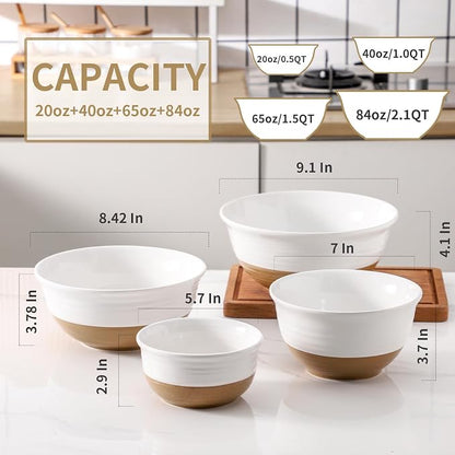 HASENSE Nesting Ceramic Mixing Bowls Set of 4, 2.1/1.5/1.0/0.5 Qt White & Terracotta Stoneware Bowls, Farmhouse Bowls for Cooking, Prepping, Salad & Soup, Dishwasher & Microwave Safe, Serving Dishes