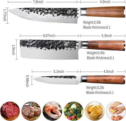 3 Pieces Kitchen Knife Set, Chef Knife, Usuba Knife, Paring knife, Germany High Carbon Stainless Steel Professional Knife, Hand-forged with Brazilian Rosewood, Gift Box