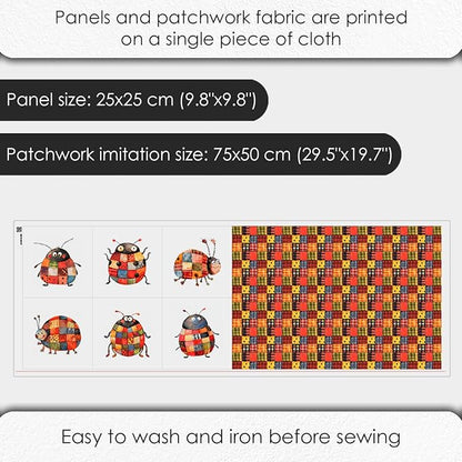 Patchwork Ladybug Cotton Fabric Panel – 6 Designs (10×10 inch Each) + Bonus Sheet 29.5×19.6 inch, 100% Cotton 140 GSM, Made in Türkiye