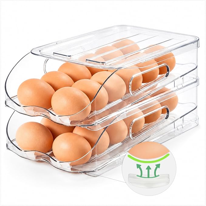 SMRCAD Egg Holder for Fridge, Automatic Steady Rolling Egg Container with Soft Bumpers & Handle for Refrigerator, Stackable Fridge Organizers and Storage with Lid
