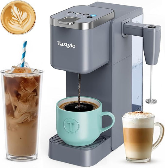 Tastyle 330MF Single Serve Coffee Maker with Built-in Detachable Milk Frother, Iced and Hot Coffee Machine for K Cup & Grounds, 40oz Removable Water Reservoir, 6 Cup Sizes, Fits 7.3" Travel Mug, Gray