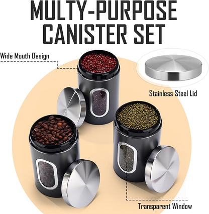 Zopeal 6 Pack Graphite Canisters Sets for Kitchen 50oz Stainless Steel Kitchen Canisters with Transparent Windows Flour Sugar Container Metal Jar Countertop Set for Coffee Tea Decorative