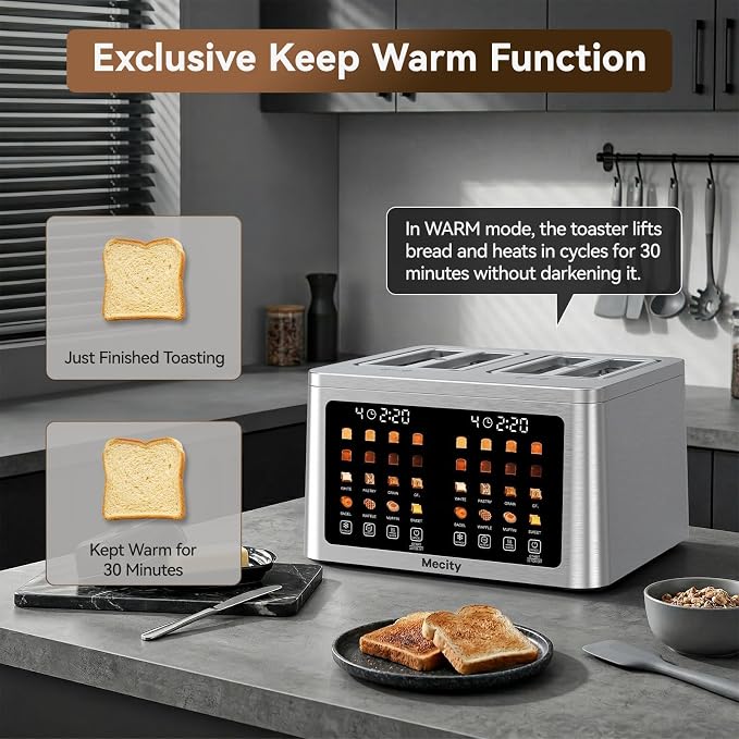 Mecity 4 Slice Toaster Wide Slot, Auto Lift Keep Warm Smart Toaster with Touch Screen, Dual Control Panel, Defrost, Auto Shut Off Digital Toasters for Bagel Muffin Waffle Gluten Free Breads 1700W 120V
