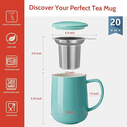 Sweese 20 OZ Porcelain Tea Mug with Infuser and Lid, Loose Leaf Tea Cup, Gifts for Tea Lover - Mint Green