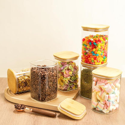 6 Pack Glass Pantry Storage Jars - 37oz Airtight Food Storage Containers Set with Bamboo Lid Labels, Square Kitchen Pantry Canister Organizers for Cookies Candy Coffee Bean Sugar Tea Spice Cereal