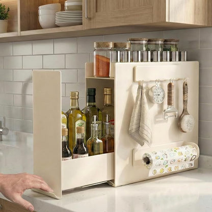 2 Tier No Assembly Pull Out Spice Rack Countertop, Sliding Drawer for Tall Bottles, with Magnetic Panels with Paper Towel Holder and 4 Hooks