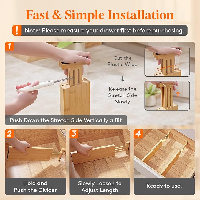 Lifewit 4" High 4 Pack Bamboo Drawer Dividers 31-40cm/12-16 Adjustable Wooden Drawer Organizer for Clothes/Utensils, Expandable Drawer Separator for Dresser/Kitchen/Bedroom/Office Organization