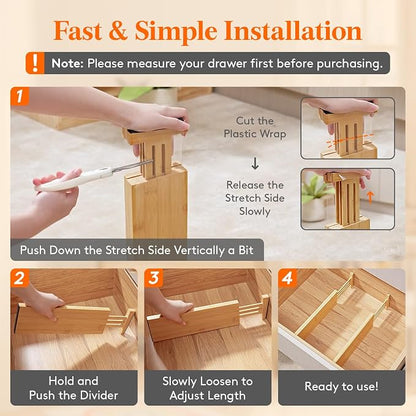 Lifewit 4" High 4 Pack Bamboo Drawer Dividers 31-40cm/12-16 Adjustable Wooden Drawer Organizer for Clothes/Utensils, Expandable Drawer Separator for Dresser/Kitchen/Bedroom/Office Organization