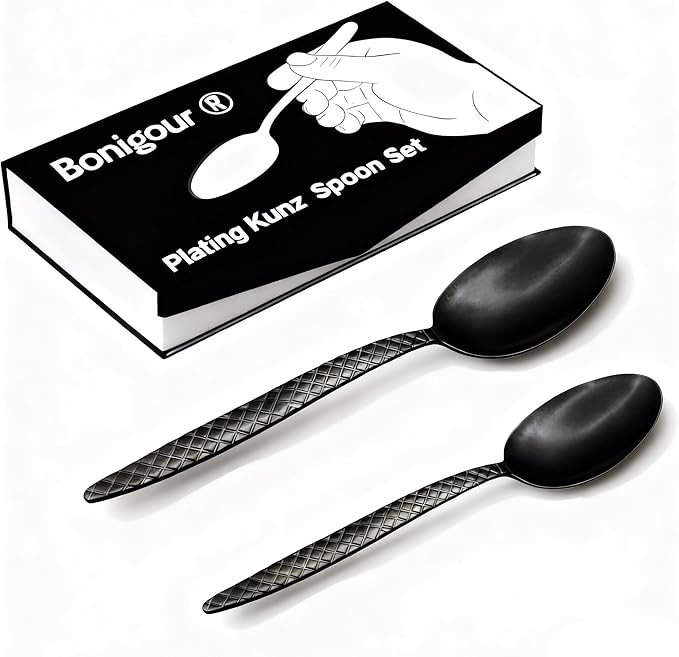 Kunz Spoons - 2 Pack Professional Chef Spoon Set for Basting, Plating, Quenelle, Serving, Sauces| Vintage-inspired 8" & 9" Spoon Set| Culinary Plating Tools with Non-Slip Grip (Matte Black)