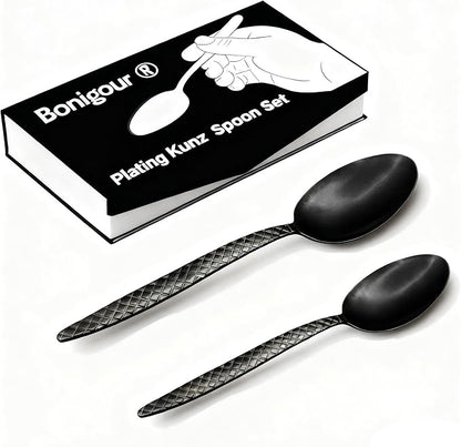 Kunz Spoons - 2 Pack Professional Chef Spoon Set for Basting, Plating, Quenelle, Serving, Sauces| Vintage-inspired 8" & 9" Spoon Set| Culinary Plating Tools with Non-Slip Grip (Matte Black)