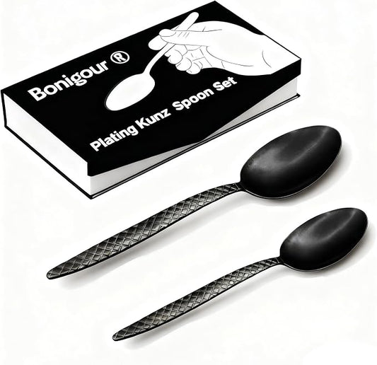 Kunz Spoons - 2 Pack Professional Chef Spoon Set for Basting, Plating, Quenelle, Serving, Sauces| Vintage-inspired 8" & 9" Spoon Set| Culinary Plating Tools with Non-Slip Grip (Matte Black)