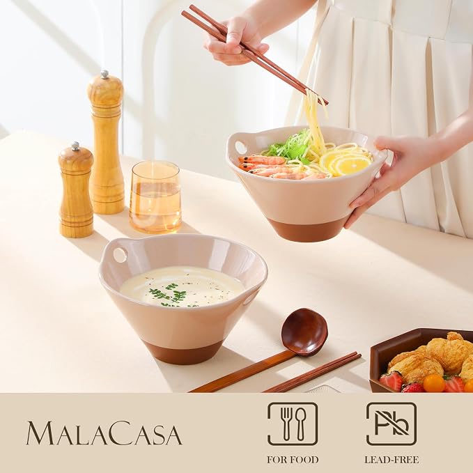 MALACASA 42 oz Ceramic Ramen Bowl Set with Wooden Spoon & Chopsticks, Japanese Style Soup Bowls for Ramen, Pho, Noodles – Set of 2, Microwave & Dishwasher Safe, Series TARA (Pink and Khaki)