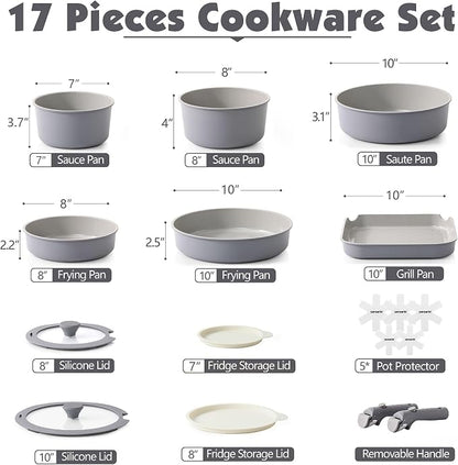 SENSARTE 17 Piece Ceramic Pots and Pans Set, Nonstick Detachable Handle Cookware, Induction Kitchen Cookware Set with Removable Handle, Dishwasher ＆ Oven Safe (Gray)